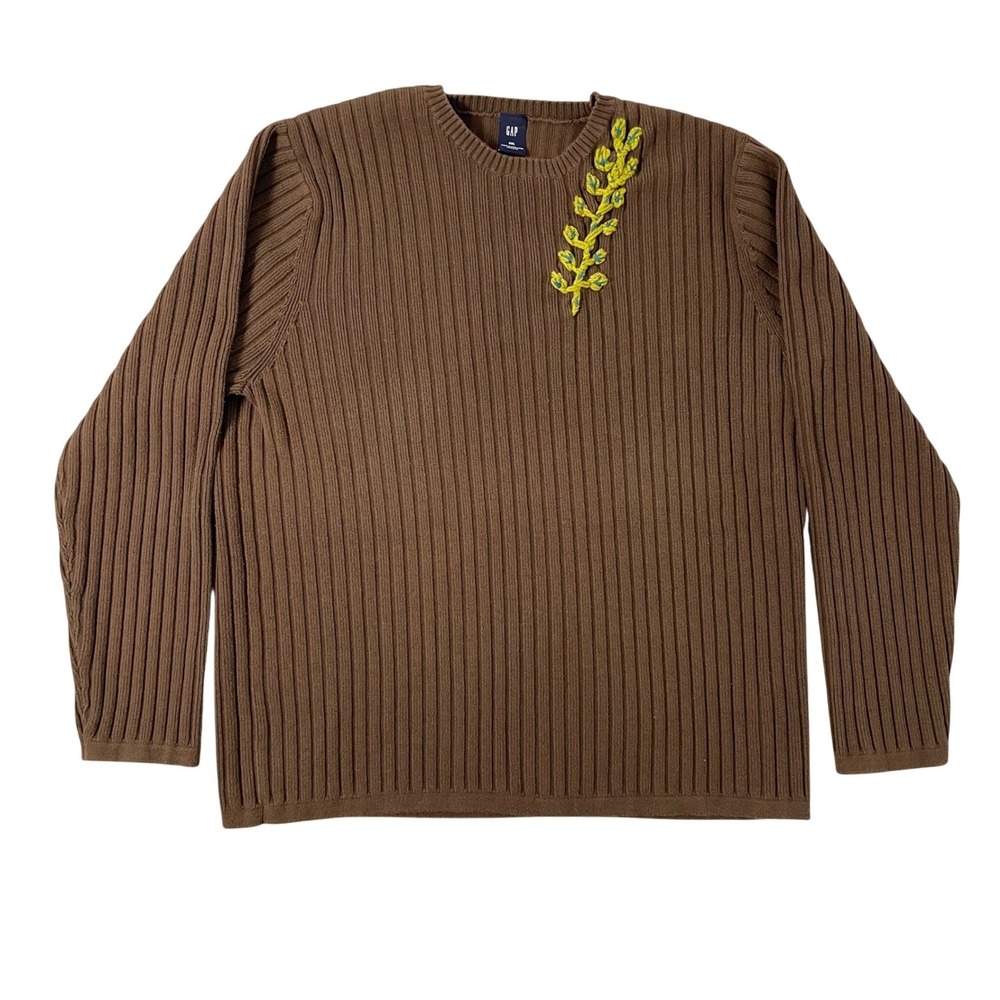 Gap Sweater Womens 2X Brown Embroidery Y2K Vintage Grandpa Earthy Chunky Knit